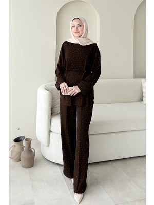 RFK Butik Kadın Beli Tünelli Taş Detaylı Pantolonlu Ikili Takım - Kahverengi
