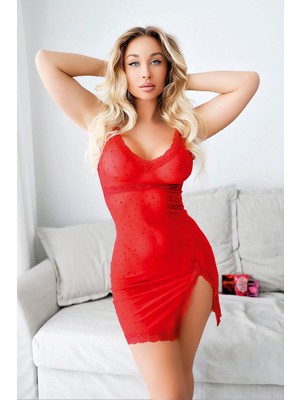 Beruflic Angel Kırmızı Dantel Işlemeli Yırtmaçlı Fantezi Gecelik