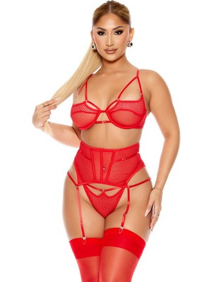 Nemere Angel Fantezi File Tül Detaylı Kırmızı Jartiyer  Takım