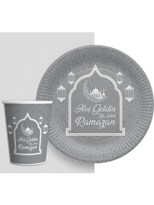 Gümüş Renk Hoşgeldin Ya Şehr-I Ramazan Yazılı Tabak ve Bardak Seti 8 Adet