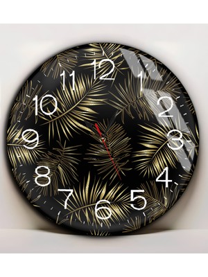 Harikabirev|kırılmaz Cam Duvar Saati  Siyah Gold Tropikal Yapraklar |yvrlkcm