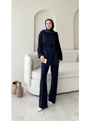 RFK Butik Kadın Beli Tünelli Taş Detaylı Pantolonlu Ikili Takım - Lacivert