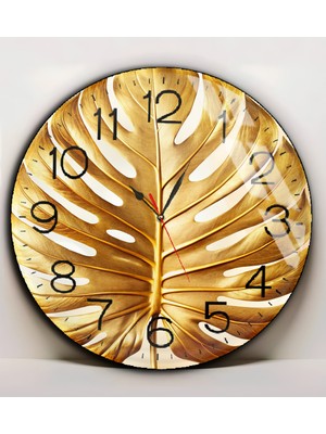 Harikabirev|kırılmaz Cam Duvar Saati  Gold Beyaz Tropik Yaprak Desenlitablo |yvrlkcm
