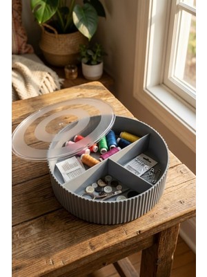 Vivenda Kapaklı Yuvarlak Bölmeli Dikiş Kutusu Organizer 19 cm Çap 6 cm Yükseklik "Antrasit"