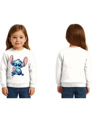 Sedirli Unisex Stitch Baskılı Çocuk Swaetshirt 3 Iplik Şardonlu