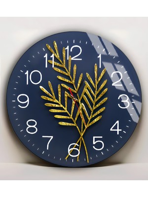 Harikabirev|kırılmaz Cam Duvar Saati  Lacivert Gold  Soyut Yaprak Tablosu |yvrlkcm