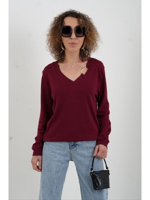 Zelish My Sister Bordo V Yaka Gold Aksesuarlı Uzun Kol Kazak