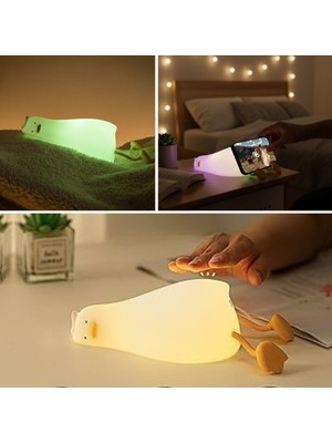 Kararlı Ticaret 5 Farklı Renk Modlu Tembel Ördek Figürlü Pofuduk LED Gece Lambası–yumuşak Dokulu Çocuk Odası ve Dekoratif Şarjlı Ortam Işığı
