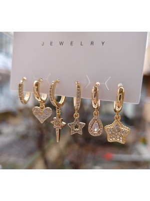 Tuel Zirkon Taşlı Gold Çelik Çoklu Küpe