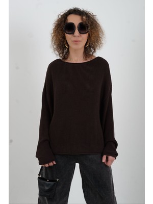 Zelish My Sister Koyu Kahve  Kayık Yaka Basic Triko Kazak