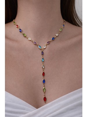Huma Butik Takı Aksesuar Renkli Taş Detaylı Uzun Sallantılı Gold Çelik Kolye