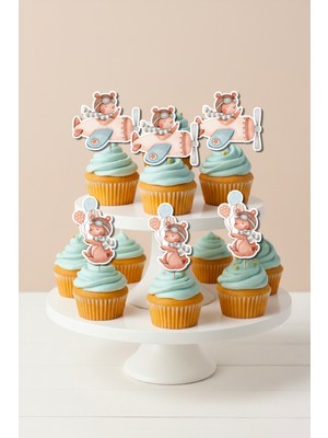 Niksy Design Pilot Ayıcık Uçak Temalı 12 Adet Cupcake Süsü