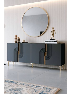 Yumedi Design KA1804AG - Dünya Konsol, Tv Sehpası, Çok Amaçlı Dolap ve Kahve Köşesi 180CM Antrasit-Gold