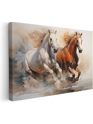 Artarilion Yatay Kanvas Tablo Salon Tablosu Kahverengi Beyaz Atlar Kanvas Duvar Tablosu