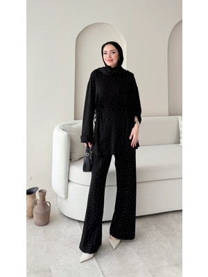 RFK Butik Kadın Beli Tünelli Taş Detaylı Pantolonlu Ikili Takım - Lacivert