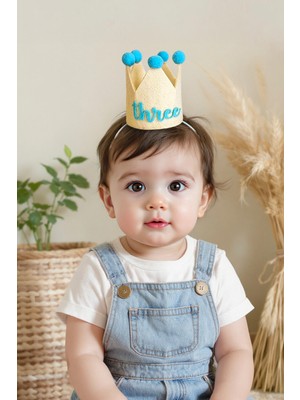 Niksy Design Three Mavi Ponponlu Mini Doğum Günü Tacı - 3 Yaş Erkek Bebek Parti Şapkası