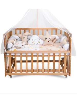 Jasmin Beşik Uyku Seti Kahve Yıldızlı Örgülü 7 Parça + Cibinlik ve Aparatı Hediye