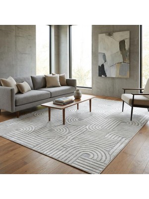 Carpettex Açık Gri Modern Geometrik Desenli Dijital Baskılı Kaymaz Tabanlı Yıkanabilir Antibakteriyel Halı