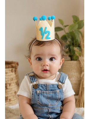 Niksy Design 1/2 6 Aylık Mavi Ponponlu Mini Doğum Günü Tacı - Yarım Yaş Erkek Bebek Parti Şapkası