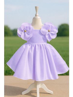 Musgem Özel Tasarım Lila Çiçek Detaylı Saten Kız Çocuk Abiye Elbise