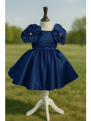 Musgem Özel Tasarım Lacivert Çiçek Detaylı Saten Kız Çocuk Abiye Elbise