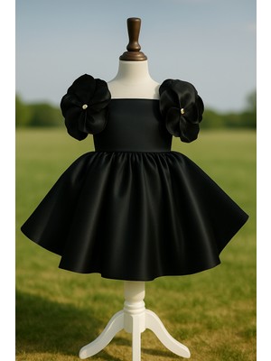 Musgem Özel Tasarım Siyah Çiçek Detaylı Saten Kız Çocuk Abiye Elbise