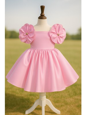Musgem Özel Tasarım Pembe Çiçek Detaylı Saten Kız Çocuk Abiye Elbise