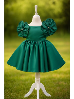 Musgem Özel Tasarım Zümrüt Yeşili Çiçek Detaylı Saten Kız Çocuk Abiye Elbise