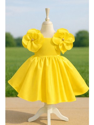 Musgem Özel Tasarım Sarı Çiçek Detaylı Saten Kız Çocuk Abiye Elbise