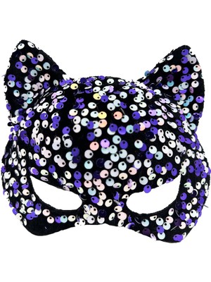 Vexor Siyah Kadife Kumaş Üzerine Mor Beyaz Payetli Pullu Parti Maskesi 16X14 cm
