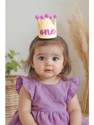 Niksy Design One Mor Ponponlu Mini Doğum Günü Tacı - 1 Yaş Kız Bebek Parti Şapkası