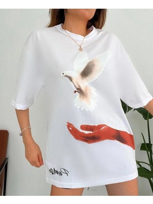 Alfanora Kadın Dijital Baskılı T-Shirt - Beyaz