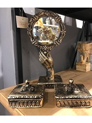 Peramari Dekoratif Polyester Makyaj Aynası Set Gold Eskitme