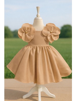 Musgem Özel Tasarım Açık Kahverengi Çiçek Detaylı Saten Kız Çocuk Abiye Elbise