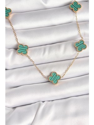 Üreticiniz 316L Çelik Gold Renk Zincir Yeşil Yonca Model Kadın Kolye