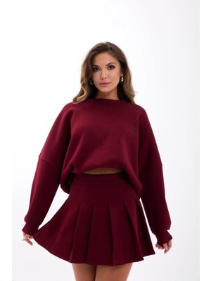 Ayshan Bordo Oversize Sweatshirt ve Pileli Mini Etek Takımı