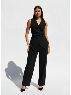 Ayshan Siyah Kruvaze Kapamalı Pileli Yelek