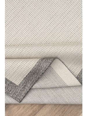 Badelya Home 6651 Krem Gri Bordür Çerçeveli Sisal Leke Tutmaz Kolay Temizlenen Kaymaz Pamuk Dokuma Taban Halı