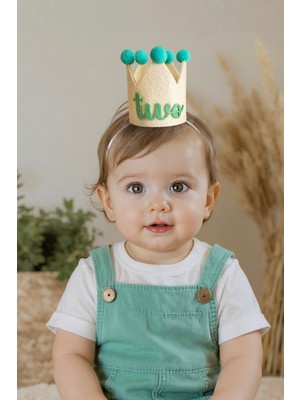 Niksy Design Two Mint Yeşili Ponponlu Mini Doğum Günü Tacı - 2 Yaş Bebek Parti Şapkası