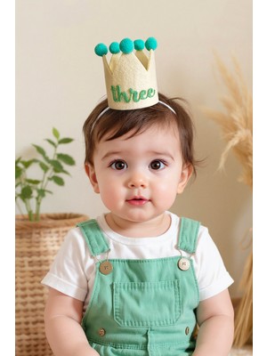 Niksy Design Three Mint Yeşili Ponponlu Mini Doğum Günü Tacı - 3 Yaş Bebek Parti Şapkası
