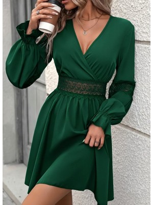 Livizmir Moda Kadın Uzun Kollu Kruvaze Yakalı Dantelli Fermuar Detaylı Mini Ithal Krep Elbise