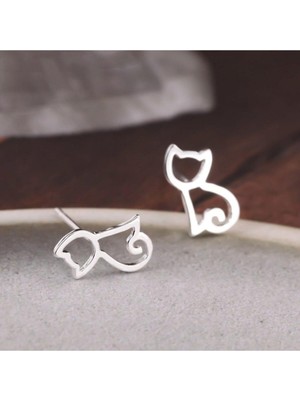 Kumi Gümüş Kaplama Simetri Kedi Kadın Saplama Küpe