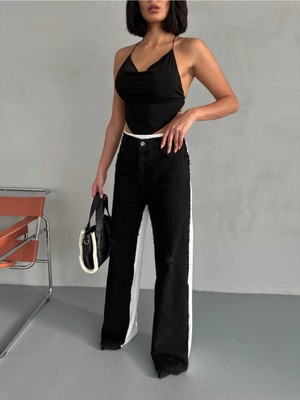 Ayshan Yandan Şeritli Geniş Paça Siyah Pantolon