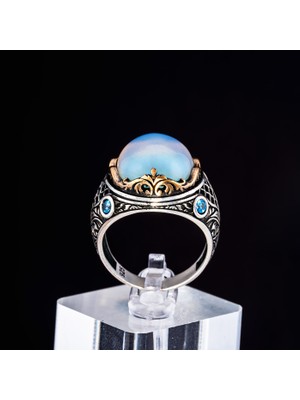 Yıldırım Açık Mavi Doğal Taşlı Bakır Ton Detaylı 925 Ayar Gümüş Erkek Yüzük