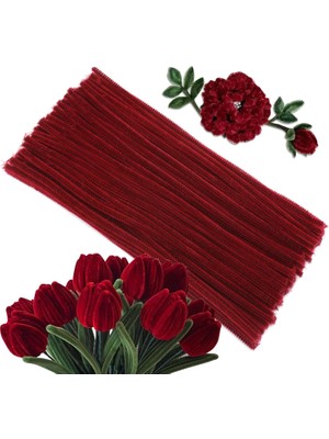 Hobialem 50 Adet Bordo Şönil, Çiçek Yapımına Uygun Bordo Renk Tüylü Tel, 30 cm 6mm