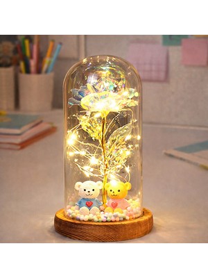 Mdstech LED Işıklı Güllü Cam Fanus Ayıcık Dekoru – Romantik Hediye, Özel Günlere Uygun