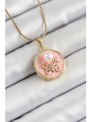Üreticiniz 316L Çelik Zincir Zirkon Taşlı Pembe Sanatsal Portre Inci Detaylı Kelebek Model Gold Renk Kadın Kolye