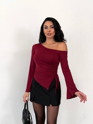 Freya Kadın Asimetrik Kesim Ispanyol Kol Beli Büzgülü Sandy Bluz