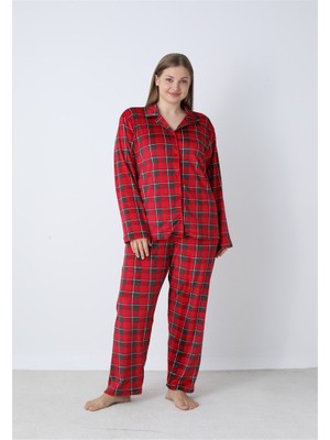 Battal Estiva Kareli Önden Düğmeli Kadife Bayan Pijama Takım