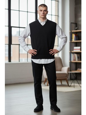 Gömlek Galerisi Erkek Regular Fit Düz V Yaka Süveter Yünlü Triko Kazak